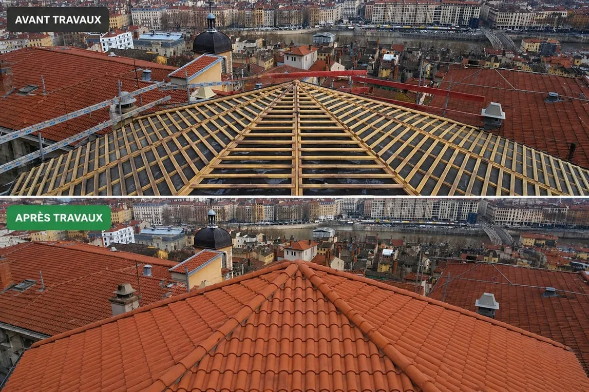 Chantier de rénovation complète de toiture et charpente avant après par SAS FL Couverture